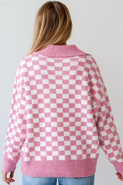 Cozy Women's Pink Checkered V-Neck Sweater with Drop Shoulders & Button Details Stylish Casual Knit Top