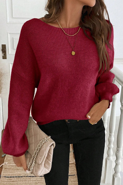 Cozy Women's Red Ribbed Knit Sweater with Contrast Ribbon Knot & Drop Shoulder Trendy Fall Fashion Essential