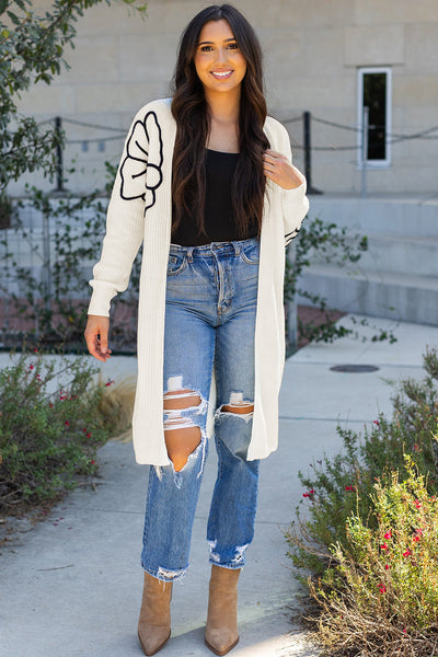 Beige Flower Embroidered Women's Open Front Duster Cardigan with Drop Shoulders - Stylish and Comfortable Layering Piece