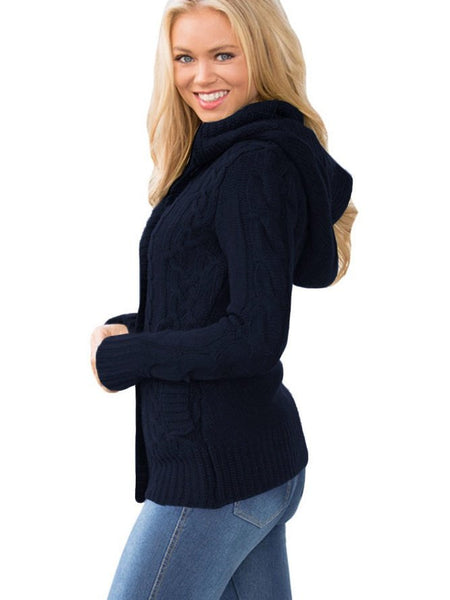 Navy Blue Cable Knit Faux Fur-Lined Hooded Sweater Coat