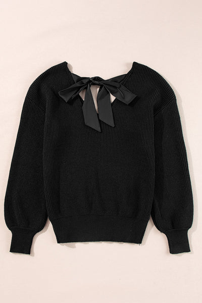 Cozy Women's Black Lantern Sleeve V-Neck Sweater with Knot Back Stylish and Comfortable for Every Occasion