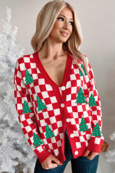 Cozy Women's Red Checkered V-Neck Cardigan Sweater for Festive Holiday Style and Comfort