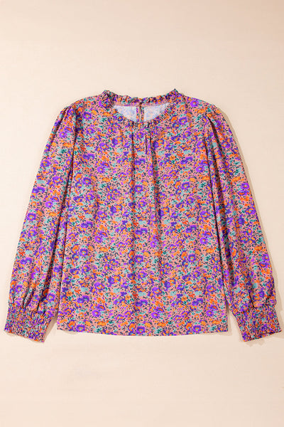 Elegant Women's Purple Floral Blouse with Frilled Neckline & Shirred Cuffs - Perfect for Casual or Formal Occasions