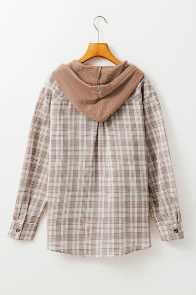 Stylish Women's Khaki Checkered Hooded Shacket - Casual Loose Fit Jacket for Trendy Fall Layering Outfits