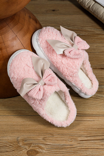Cozy Pink Plush Winter Slippers for Women with Contrast Bowknot Applique - Stylish and Comfortable Indoor Footwear