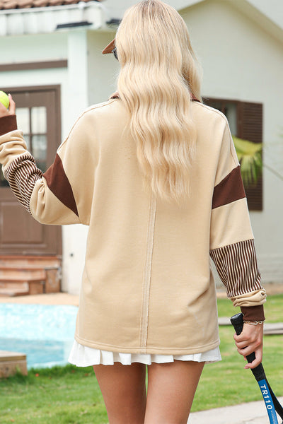 Women's Sequined Football Polo Sweatshirt with Striped Patchwork