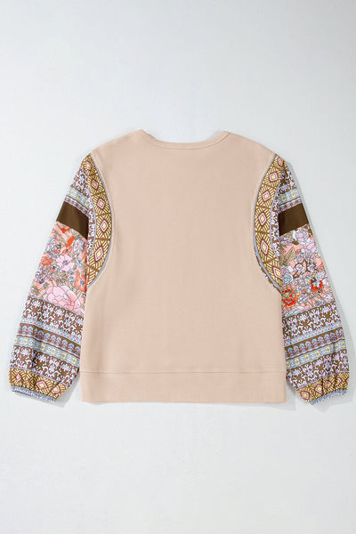 Trendy Women's Floral Patchwork Puff Sleeve Waffle Knit Top in Parchment - Chic and Comfortable for Any Occasion