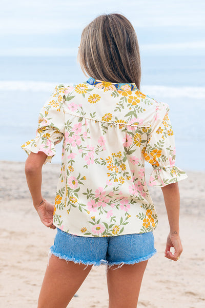 Women's Boho Floral Crochet Blouse in Multicolor with V-Neck and Half Sleeves for Effortless Chic Style