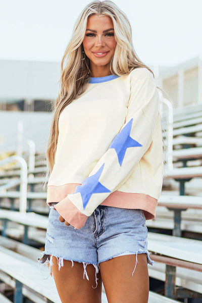 Trendy Beige Oversized Sweatshirt for Women with Star Patchwork and Exposed Seams Cozy Casual Style for Everyday Wear