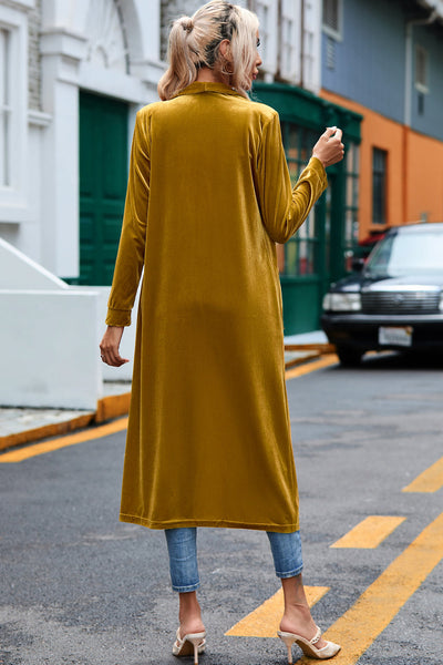Stylish Women's Yellow Velvet Duster Coat with Pockets - Comfortable Open Front Design for Effortless Chic Looks
