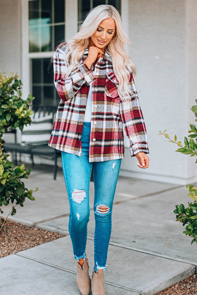 Chic Fiery Red Geometric Plaid Shacket for Women - Stylish Fall Layering Essential with Convenient Pockets