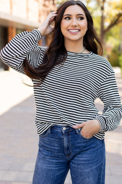 Stylish Women's Black Stripe Long Sleeve Top - Casual Round Neck, Drop Shoulder Design for Effortless Everyday Looks