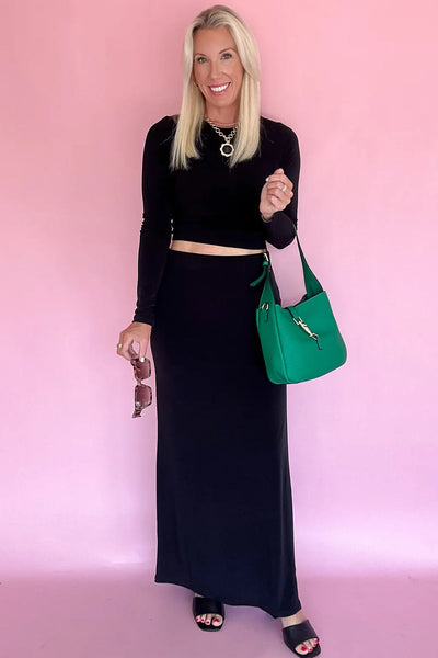 Trendy Women's Black Cropped Bodycon Top and High-Waisted Maxi Skirt Set Stylish, Versatile Look for Any Occasion