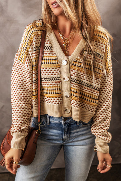 Stylish Women's Khaki V-Neck Cropped Cardigan with Buttons for Effortless Comfort and Trendy Outfits