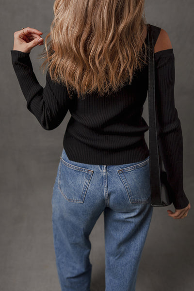 Chic Black Ribbed Knit Cold Shoulder Sweater with Button Front for Trendy Women‚Äôs Fashion