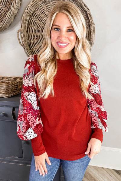 Women's Fiery Red Lantern Sleeve Top with Mixed Animal Print Trendy Patchwork Design for Stylish Casual Outfits