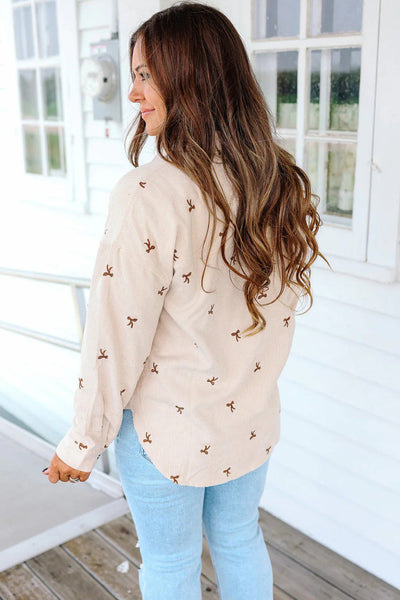 Women's Stylish Jet Stream Corduroy Shacket with Bow Embroidery - Chic Button-Down Layer for Effortless Fall Fashion