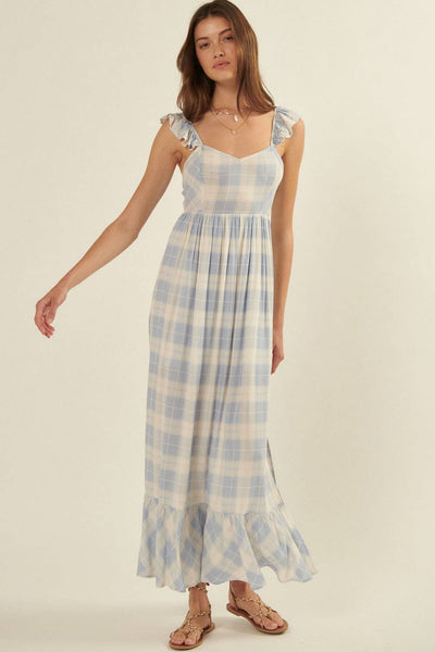 Plaid Sweetheart Sleeveless Open Back Maxi Dress
