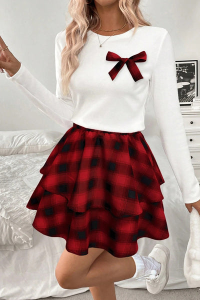 Chic Women's Red Plaid Long Sleeve Top and Ruffle Mini Skirt Set Trendy 2-Piece Outfit for Effortless Style