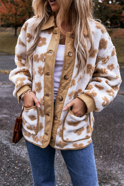 Women's Cozy Casual Light Beige Fleece Jacket with Floral Pattern and Button-Up Design for Effortless Style