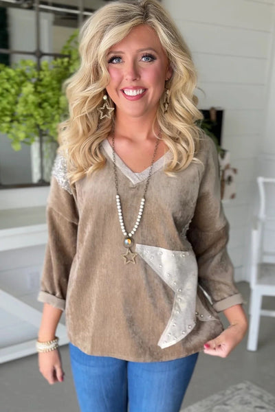 Chic Women's Parchment V-Neck Long Sleeve Top with Sequin Star Patches - Trendy, Stylish, and Perfect for Any Occasion
