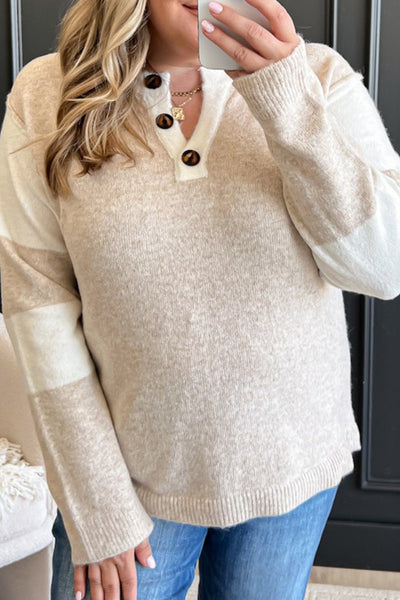 Plus Size Women's Stylish Color Block Sweater in Parchment with Buttoned Notched Neck and Trendy Long Sleeves