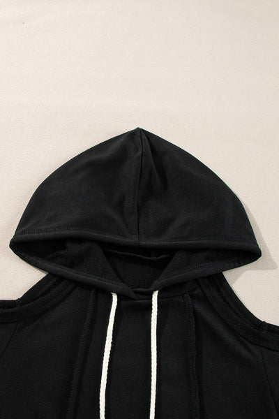 Trendy Women's Black Cold Shoulder Hoodie with Exposed Seams & Adjustable Drawstring for Casual Chic Comfort