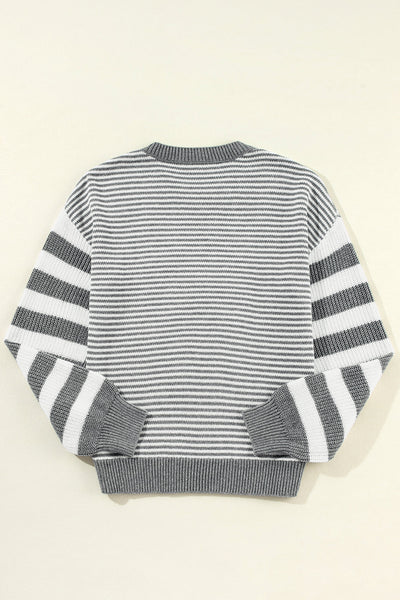 Cozy Women's Gray Striped Drop Shoulder Sweater with Geometric Texture for Effortless Casual Style