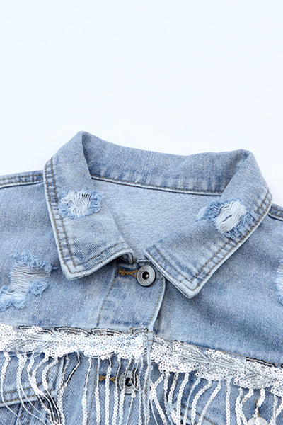 Women's Sky Blue Sequin Fringe Distressed Denim Jacket