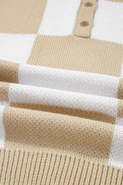 Women's Stylish Light Beige Checkered Polo Sweater - Loose Fit Knit for Effortless Casual Chic Comfort