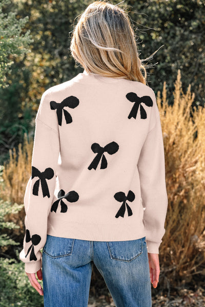 Women's Pearl-Studded Bow Intarsia Knit Sweater in Champagne