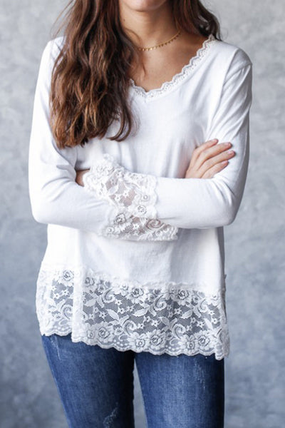 Women's Cotton Blend Lace-Trim Long Sleeve V-Neck Top