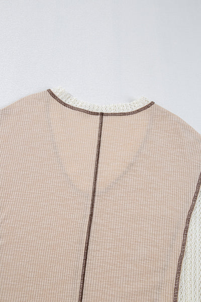 Women's High-Low Loose Top in Parchment with Crochet Detail and Exposed Seams for Effortless Style and Comfort