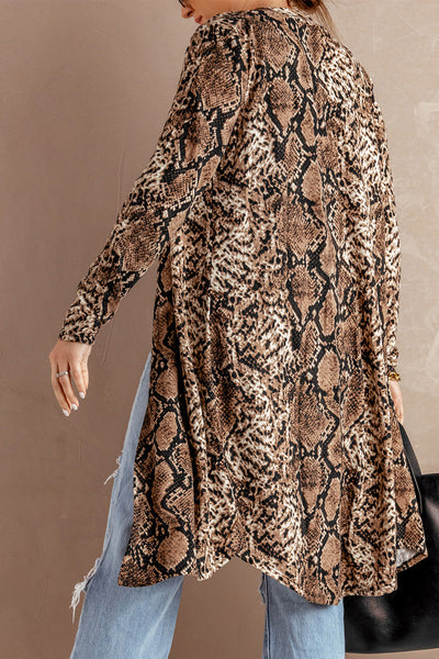 Women's Brown Snake Print Longline Slim Blazer with Lapel