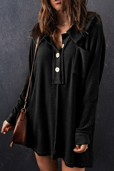 Casual Chic Women's Black Waffle Knit Long Sleeve Button-Up Top for Cozy Everyday Comfort and Effortless Style