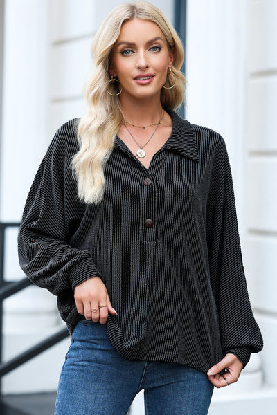 Stylish Women's Black Oversized Ribbed Henley Top with Roll-Up Sleeves and Trendy Twist Detail for Effortless Fashion