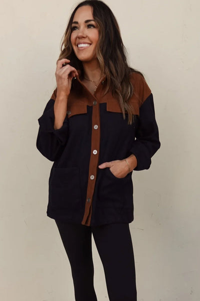 Chic Women's Color Block Corduroy Shacket with Button Flap - Stylish Fall Layering Essential in Vibrant Hues
