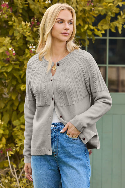 Women's Heather Gray Cable-Knit Yoke Cardigan with Wooden Buttons