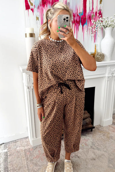 Women's Leopard Print Relaxed Tee and Barrel Leg Pant Set