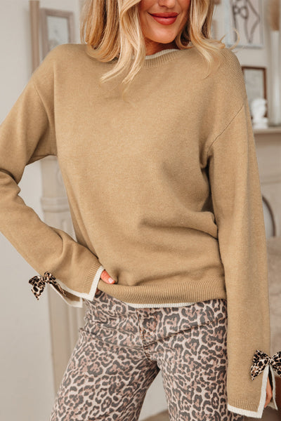 Women's Camel Knit Pullover with Leopard Bow Cuffs