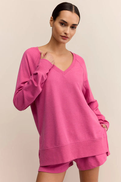 Women's Strawberry Pink V-Neck Long Sleeve Pullover & Loose Shorts Lounge Set for Cozy Comfort and Chic Style
