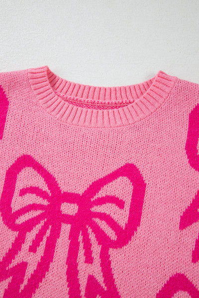 Women's Cozy Pink Bow Patterned Drop Shoulder Sweater - Relaxed Fit for Casual Comfort and Everyday Style