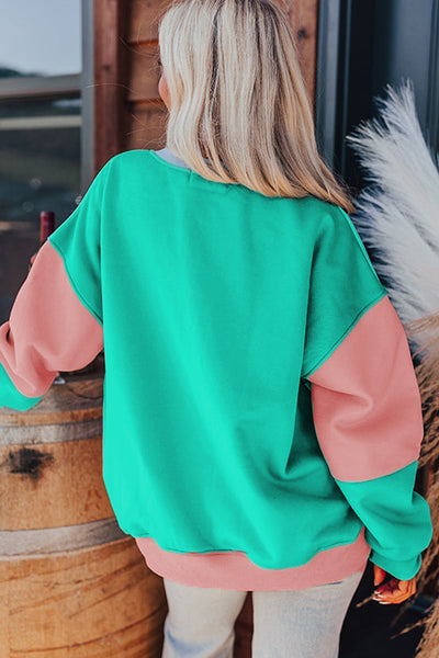 Trendy Women's Pastel Colorblock Sweatshirt - Relaxed Fit with Stylish Drop Shoulder and Blossom Patchwork Design