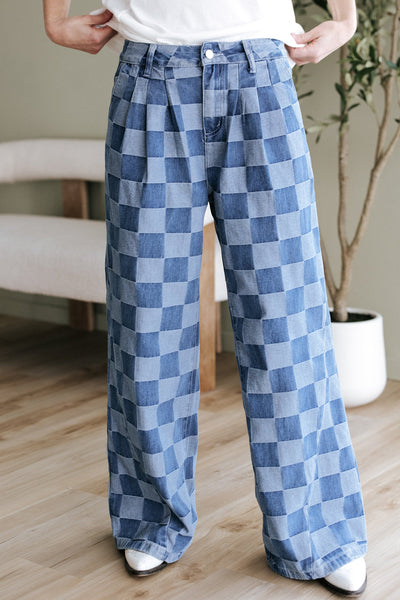 Dusk Blue Checkered Wide Leg Denim Jeans for Women - Stylish, Comfortable Fit for Casual and Chic Looks