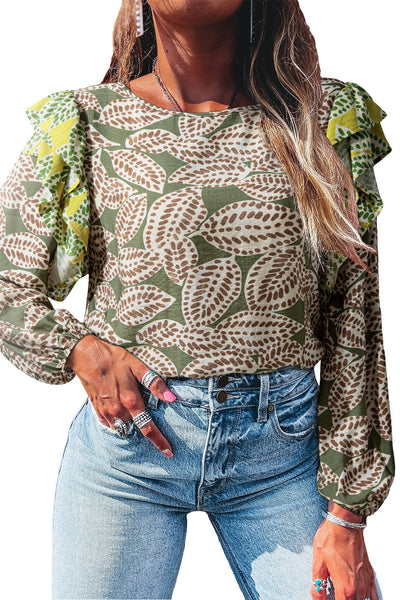 Women's Stylish Green Abstract Leaf Print Long Sleeve Blouse with Ruffle Trim - Trendy Top for Every Occasion