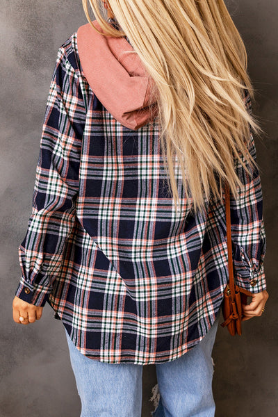 Women's Pink Plaid Shacket with Hood & Drawstring - Trendy Layering Jacket for Effortless Casual Style