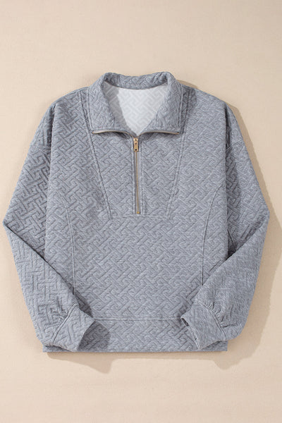 Cozy Women's Gray Textured Half-Zip Sweatshirt with Collared Neckline - Chic Casual Layering Essential for Everyday Wear