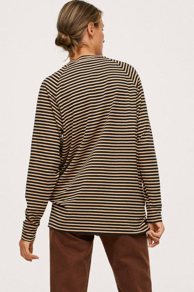 Women's Casual Chic Black Striped Long Sleeve Top with Side Splits - Loose Fit for Everyday Wear