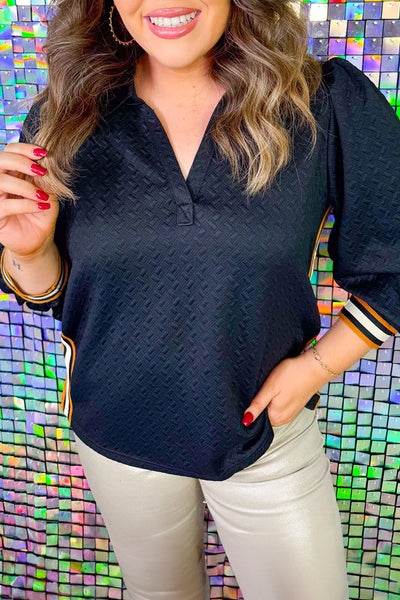 Plus Size Women's Stylish Black Colorblock Striped Blouse with Puff Sleeves and Textured Fabric for Trendy Looks
