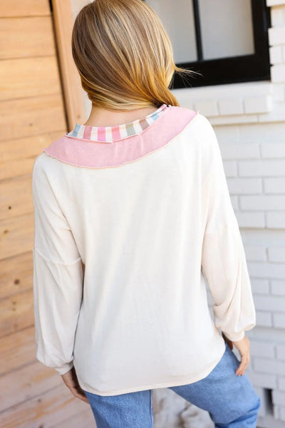 Chic Women's White Long Sleeve V-Neck Blouse with Rainbow Stripe Color Block and Trendy Loose Fit